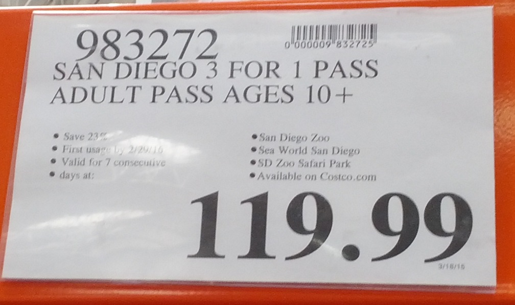 San Diego Zoo / SeaWorld / San Diego Safari Park 3for1 Pass Costco